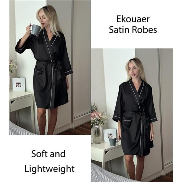 Black Silky Satin Robe for Women Knee Length Bride Bridesmaid Holiday - Picture 2 of 6
